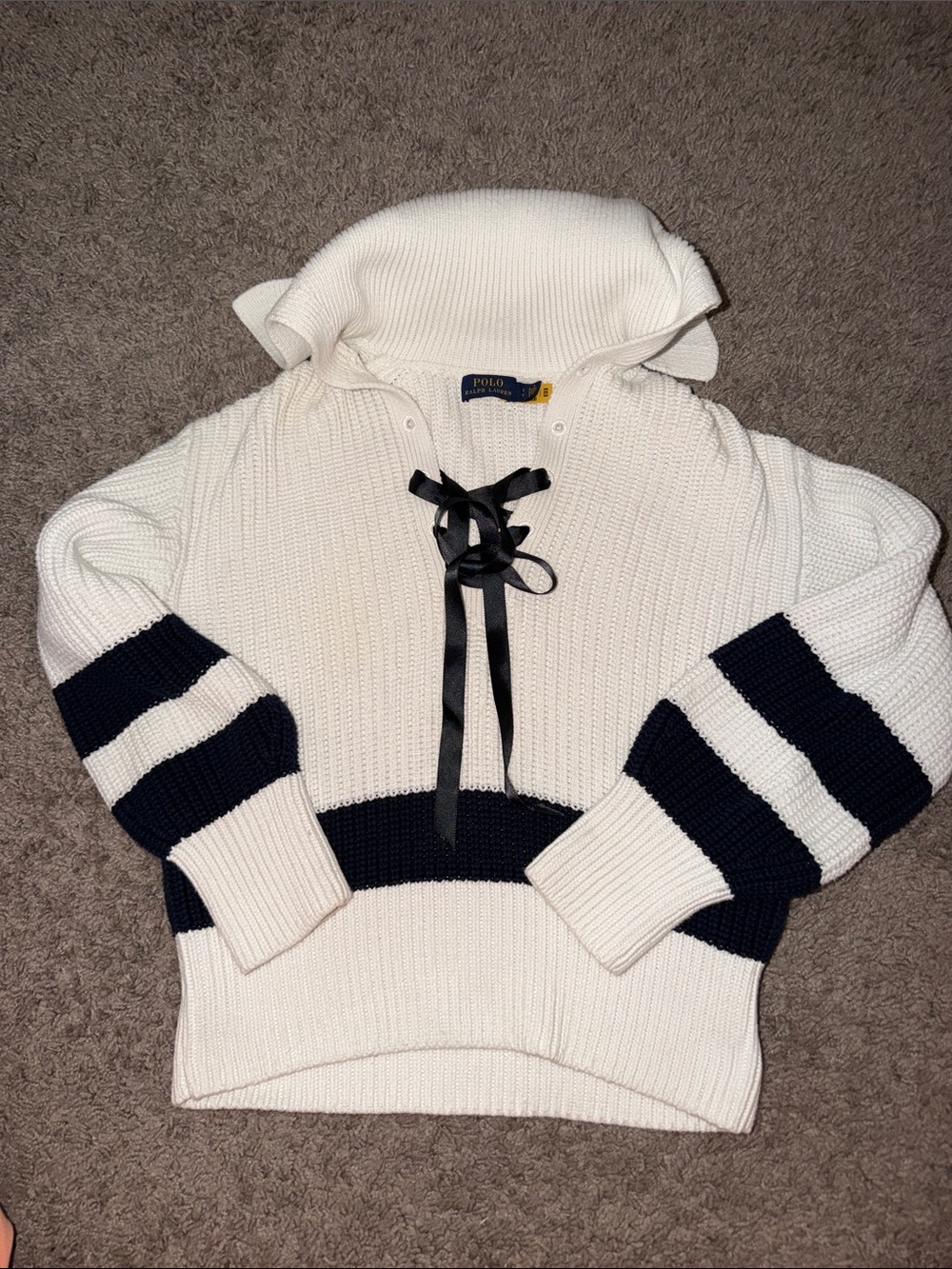 Polo by Ralph Lauren Cream Knit Hoodie with Black Ribbon Lace